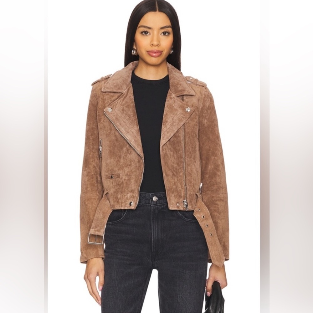 Blank NYC cropped Suede Moto Jacket in coffee bean. REVOLVE